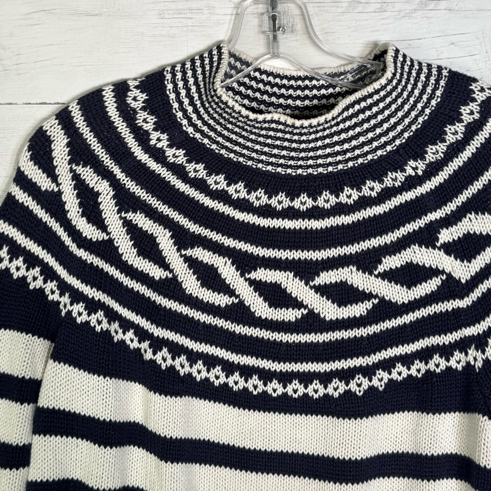 Talbots Womens Tunic Sweater Blue White Striped Mock Neck Long Sleeve - Picture 2 of 5